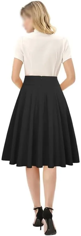 Women's High Waist A-Line Pocket Skirt Flare Midi Skirt, High Waist Pleated Skirt, Smocked Tie-Waist Waist Skirt