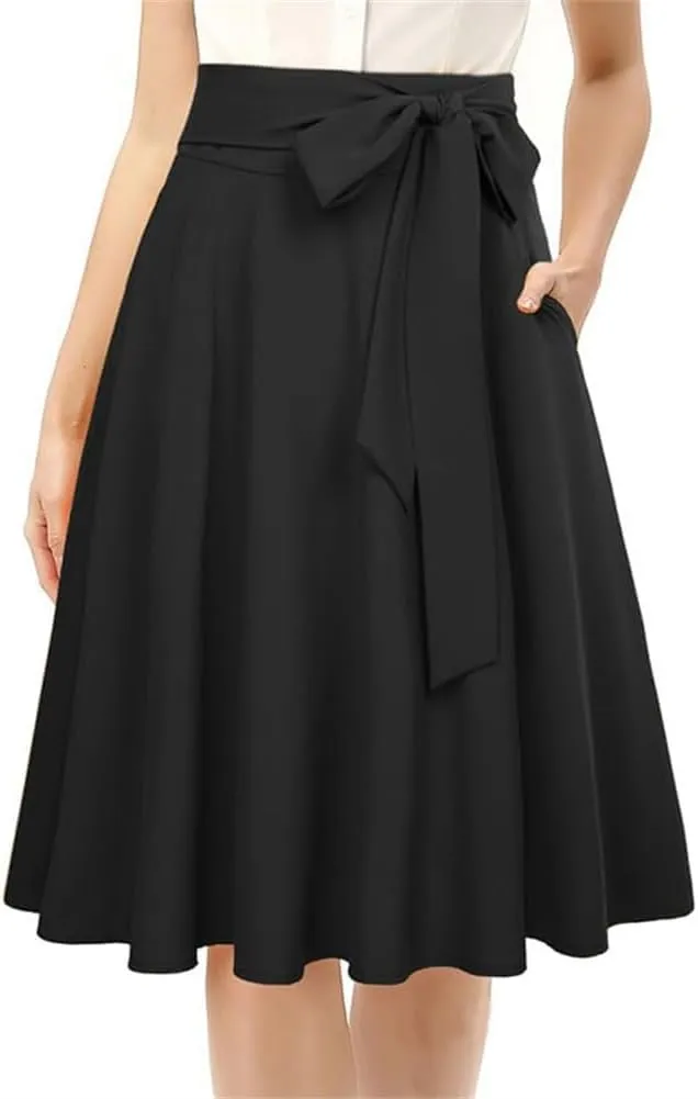 Women's High Waist A-Line Pocket Skirt Flare Midi Skirt, High Waist Pleated Skirt, Smocked Tie-Waist Waist Skirt
