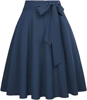 Women's High Waist A-Line Pocket Skirt Flare Midi Skirt, High Waist Pleated Skirt, Smocked Tie-Waist Waist Skirt