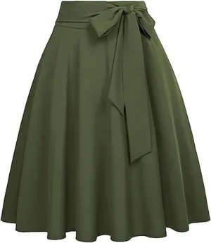 Women's High Waist A-Line Pocket Skirt Flare Midi Skirt, High Waist Pleated Skirt, Smocked Tie-Waist Waist Skirt