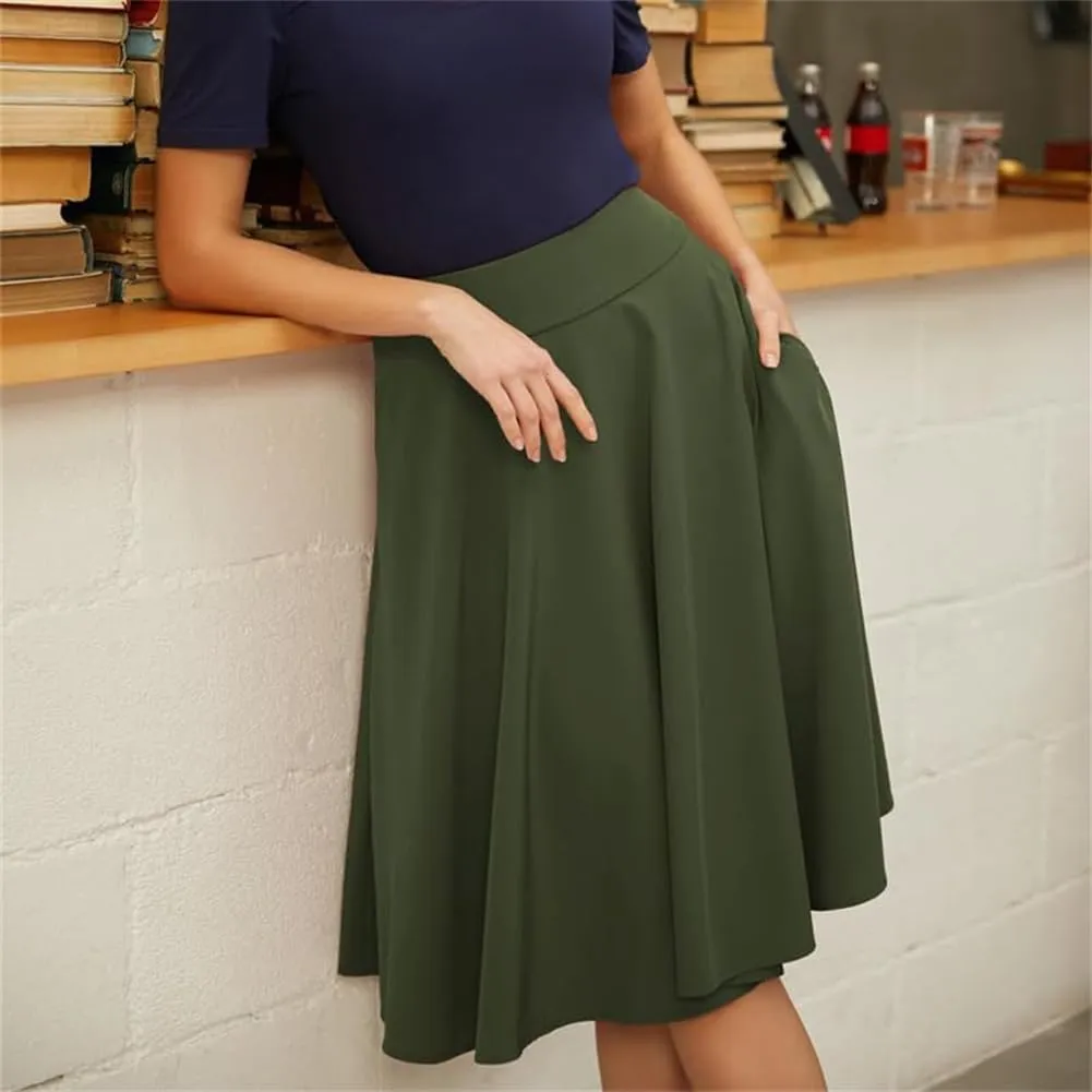 Women's High Waist A-Line Pocket Skirt Flare Midi Skirt, High Waist Pleated Skirt, Smocked Tie-Waist Waist Skirt
