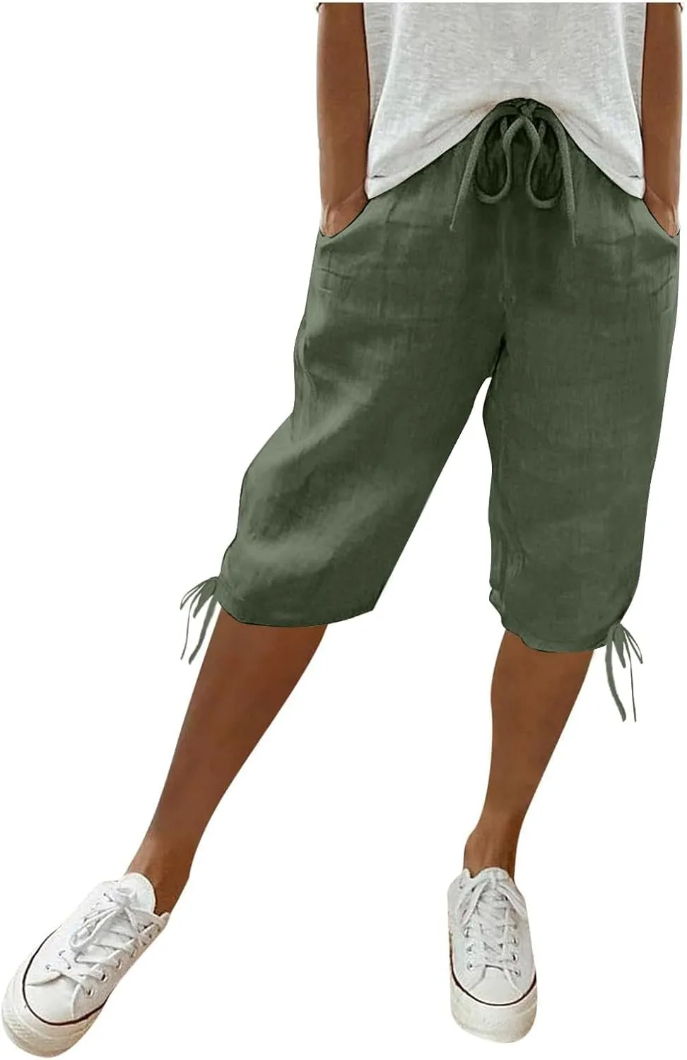Women's High Waist Shorts Women's Elastic Waist Casual Comfy Cotton Beach Shorts Drawstring Elastic Waist Short