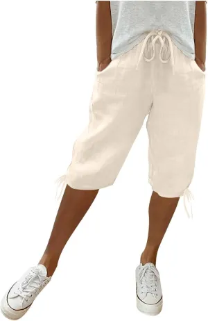 Women's High Waist Shorts Women's Elastic Waist Casual Comfy Cotton Beach Shorts Drawstring Elastic Waist Short