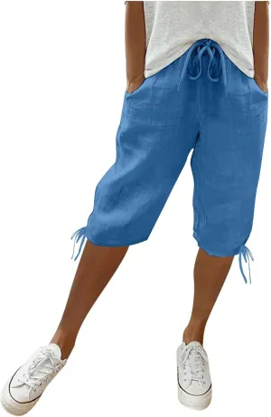 Women's High Waist Shorts Women's Elastic Waist Casual Comfy Cotton Beach Shorts Drawstring Elastic Waist Short