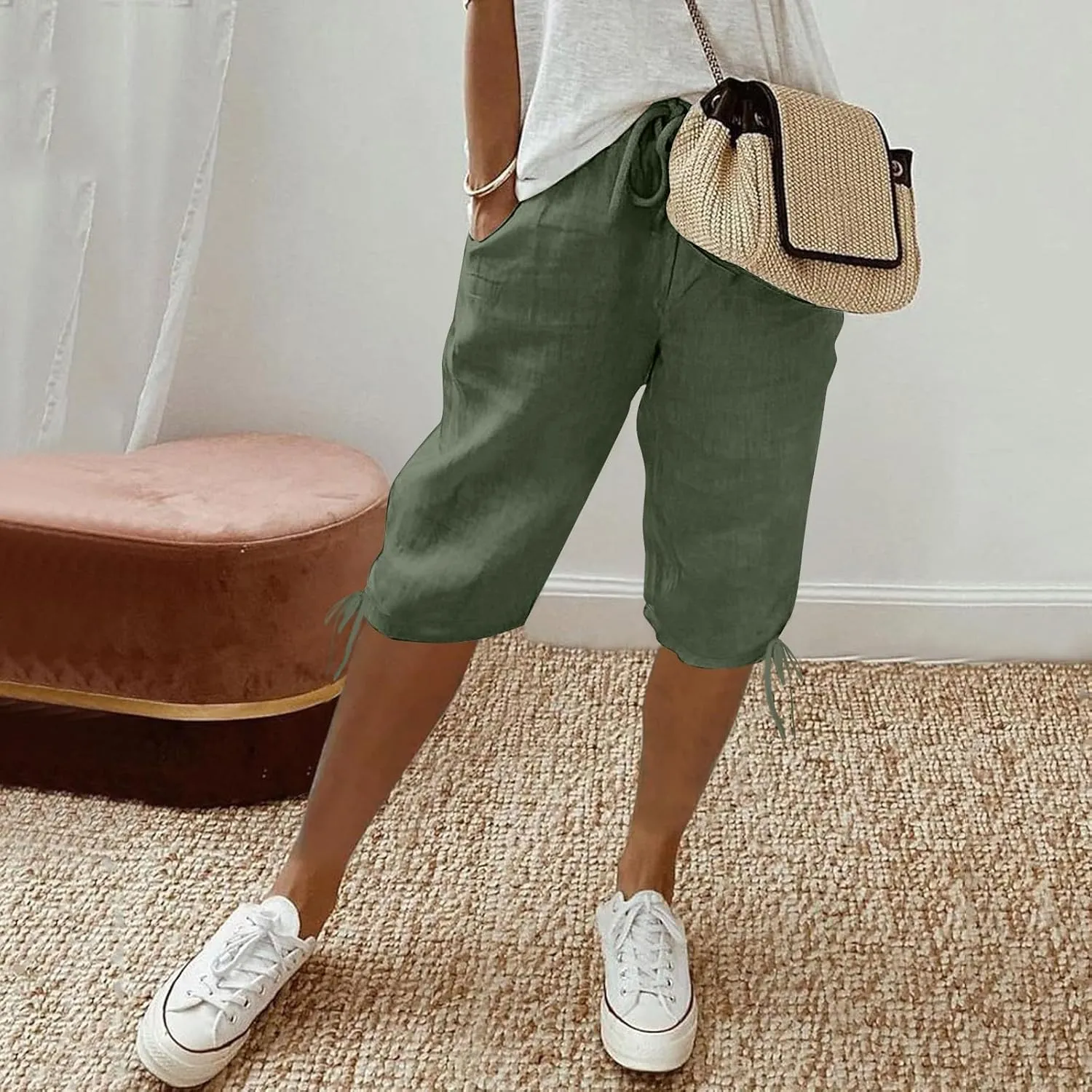 Women's High Waist Shorts Women's Elastic Waist Casual Comfy Cotton Beach Shorts Drawstring Elastic Waist Short