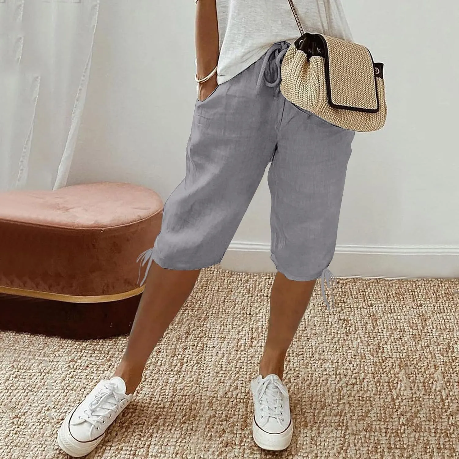 Women's High Waist Shorts Women's Elastic Waist Casual Comfy Cotton Beach Shorts Drawstring Elastic Waist Short