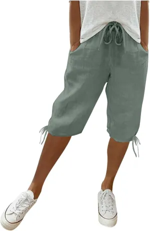Women's High Waist Shorts Women's Elastic Waist Casual Comfy Cotton Beach Shorts Drawstring Elastic Waist Short