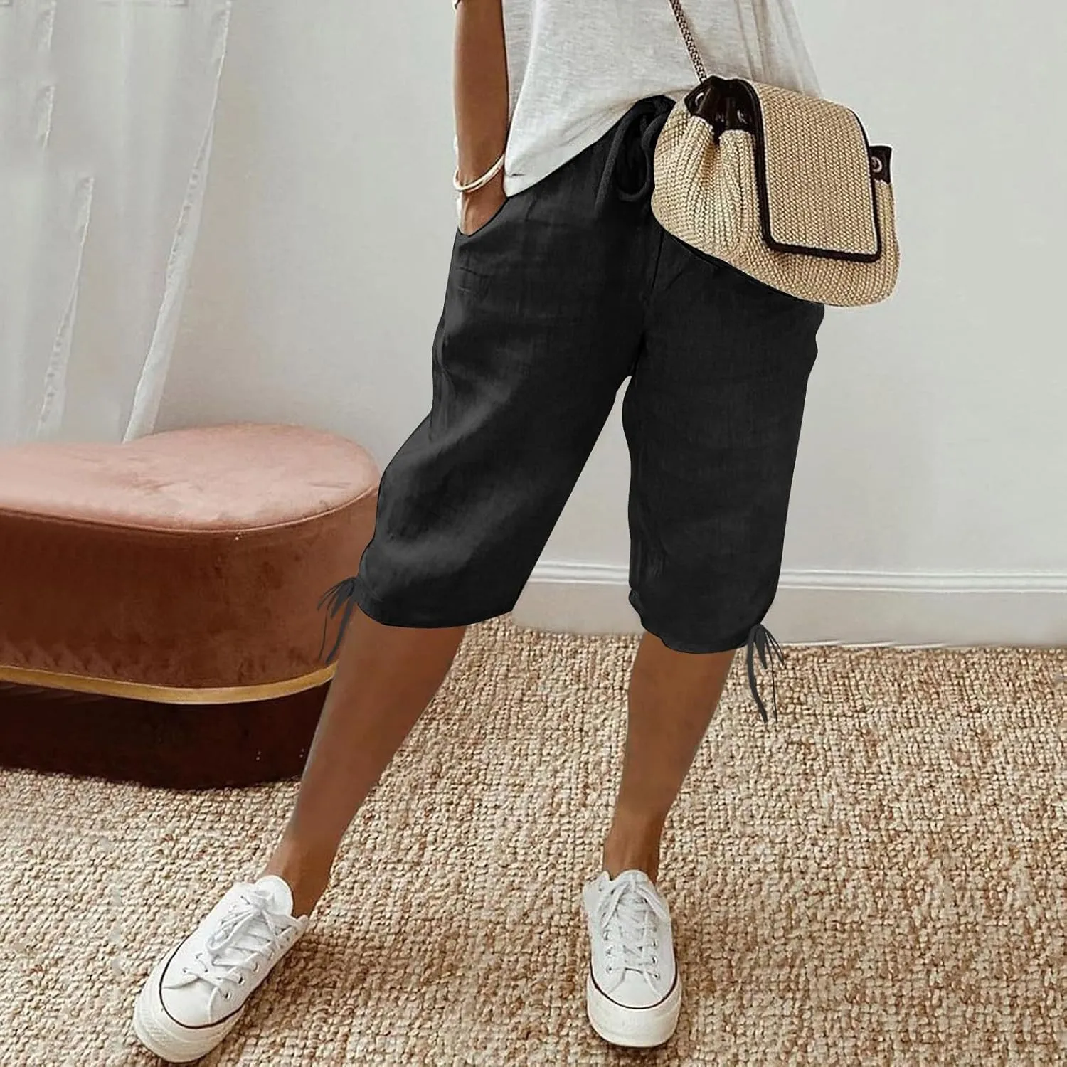 Women's High Waist Shorts Women's Elastic Waist Casual Comfy Cotton Beach Shorts Drawstring Elastic Waist Short