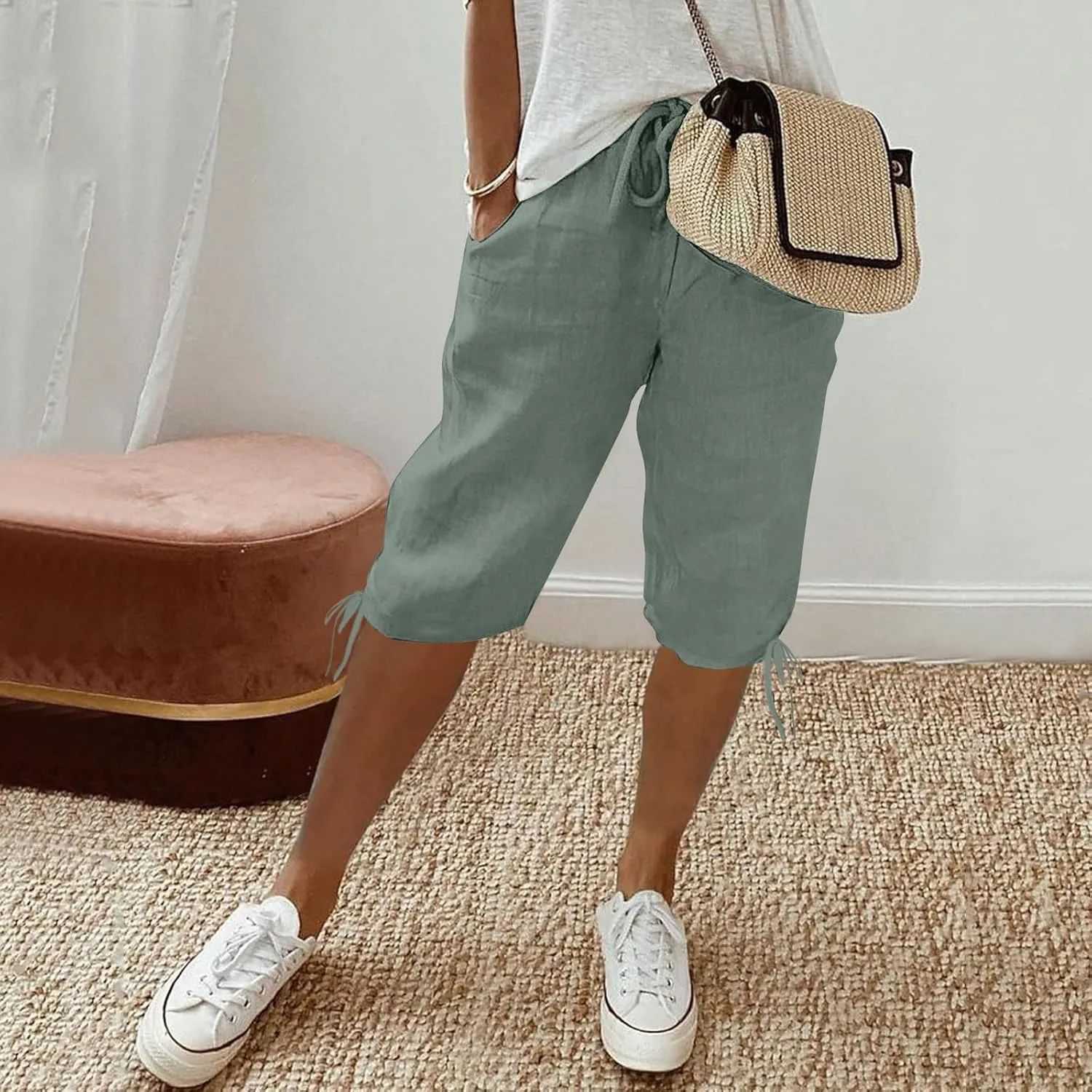 Women's High Waist Shorts Women's Elastic Waist Casual Comfy Cotton Beach Shorts Drawstring Elastic Waist Short
