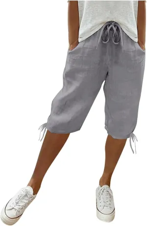 Women's High Waist Shorts Women's Elastic Waist Casual Comfy Cotton Beach Shorts Drawstring Elastic Waist Short