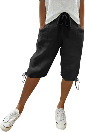 Women's High Waist Shorts Women's Elastic Waist Casual Comfy Cotton Beach Shorts Drawstring Elastic Waist Short