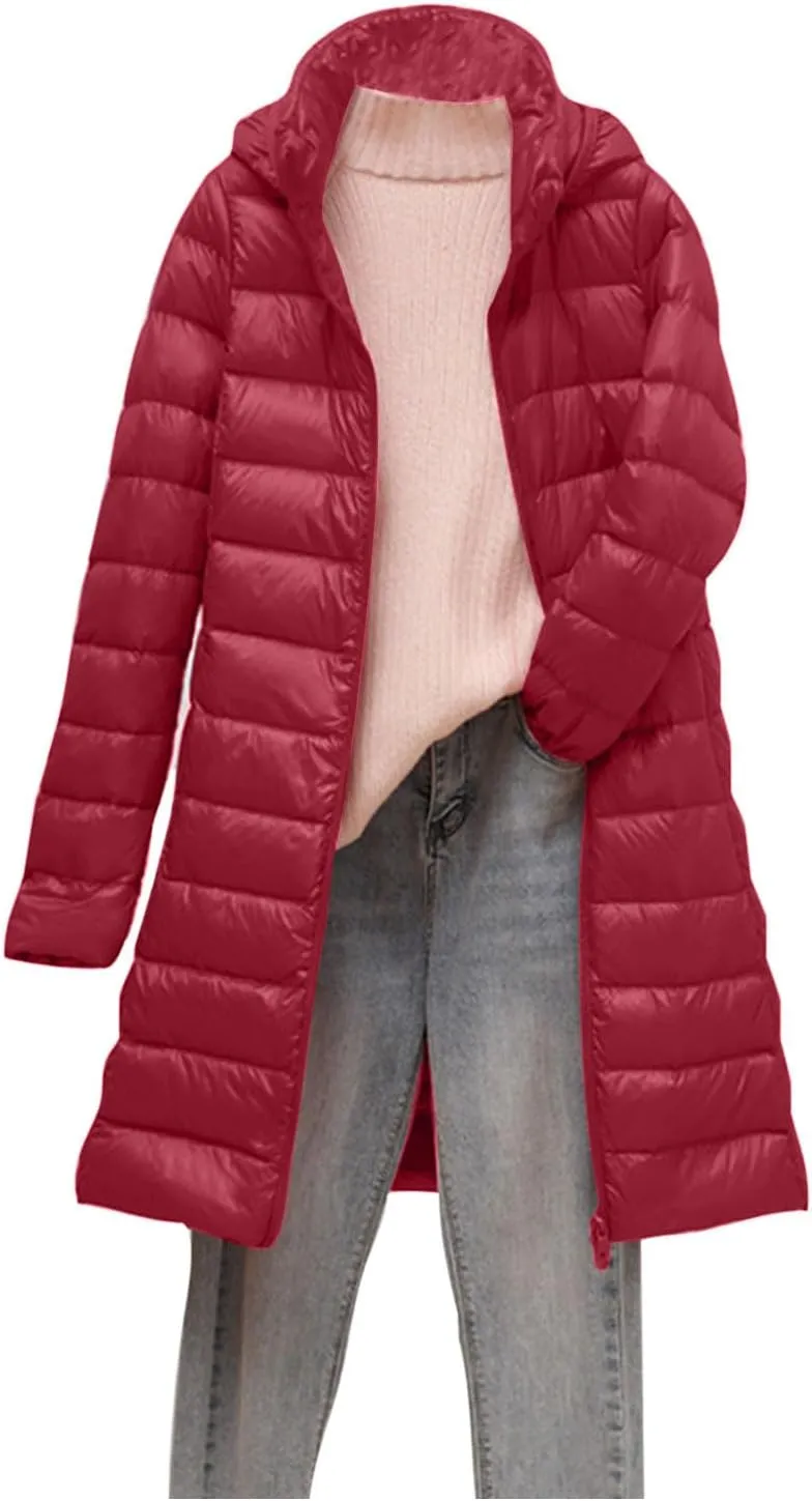 Women's Lightweight Down Jacket Zip Up Plus Size Hooded Quilted Puffer Jackets Mid-Length Winter Coats