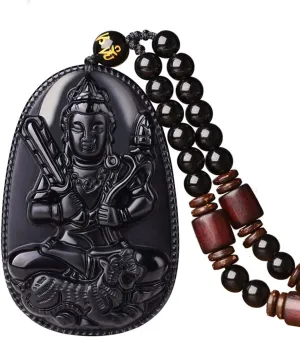 Women's Necklaces and Men's Necklaces Classic Fashion Natural Black Obsidian Gem Amulet Totem Obsidian Pendant Necklac (Akasagarbha-Tiger)