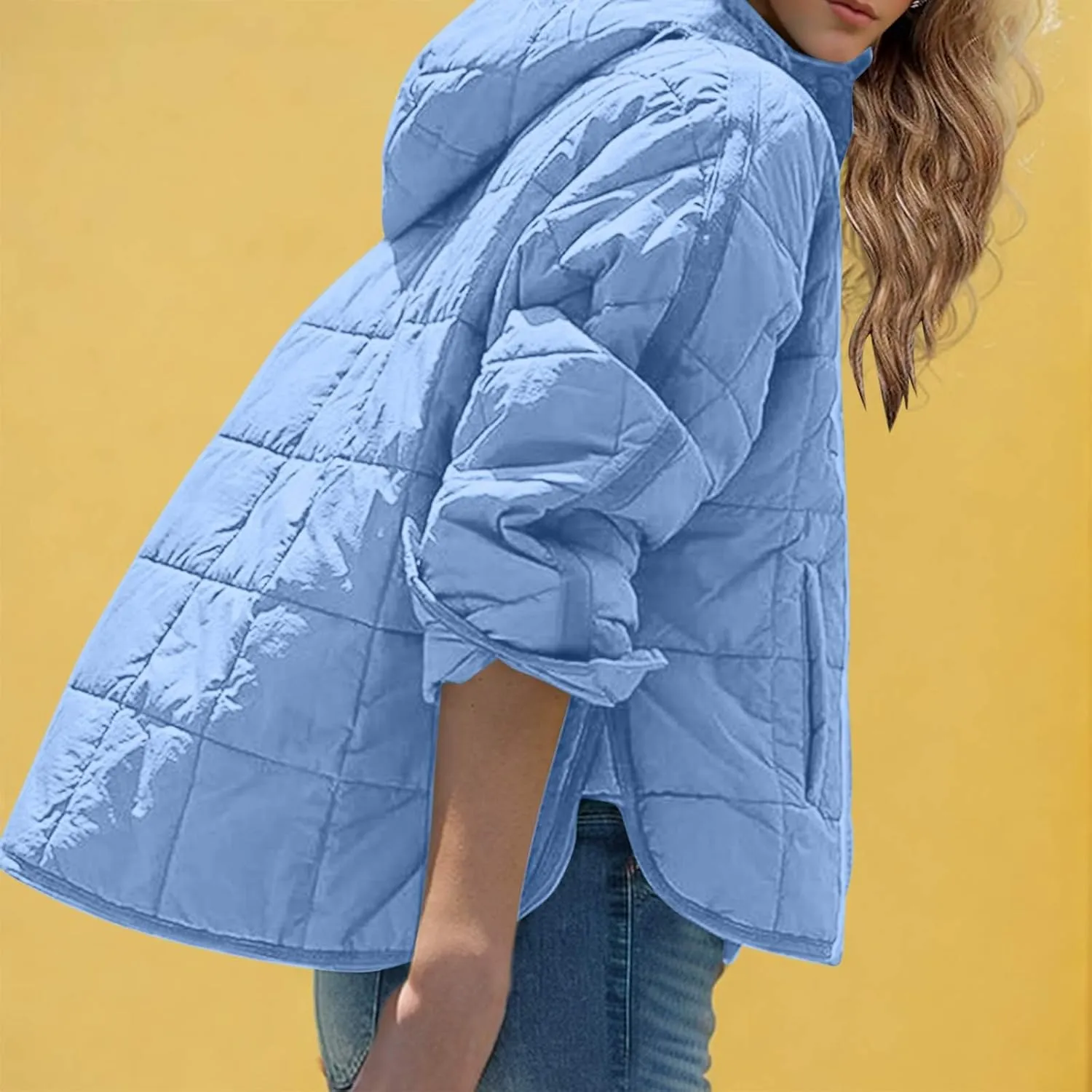 Womens Quilted Puffer Jacket Long Sleeve Winter Hooded Coat Lightweight Casual V Neck High-Low Hem Warm Jackets