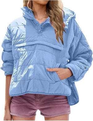 Womens Quilted Puffer Jacket Long Sleeve Winter Hooded Coat Lightweight Casual V Neck High-Low Hem Warm Jackets