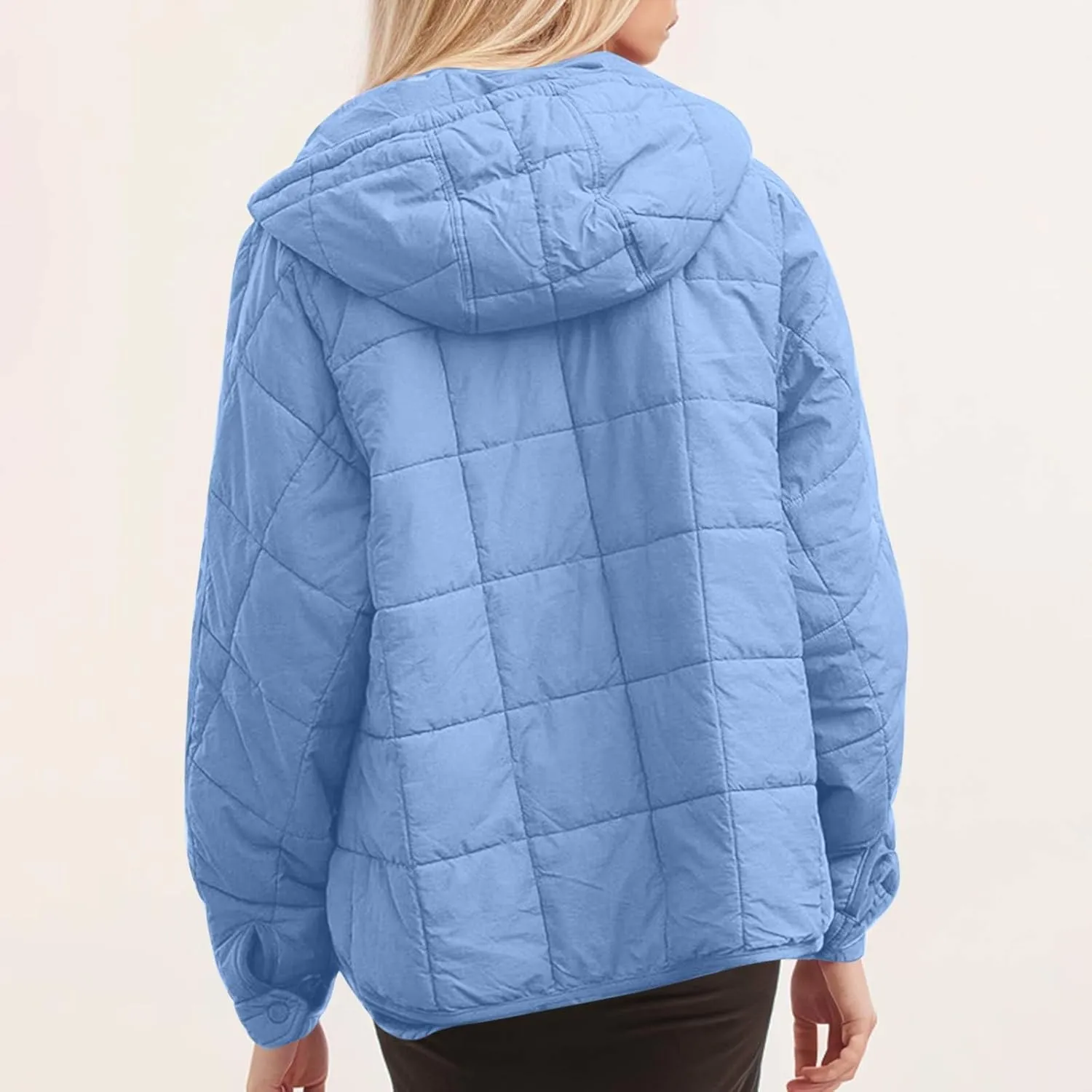 Womens Quilted Puffer Jacket Long Sleeve Winter Hooded Coat Lightweight Casual V Neck High-Low Hem Warm Jackets