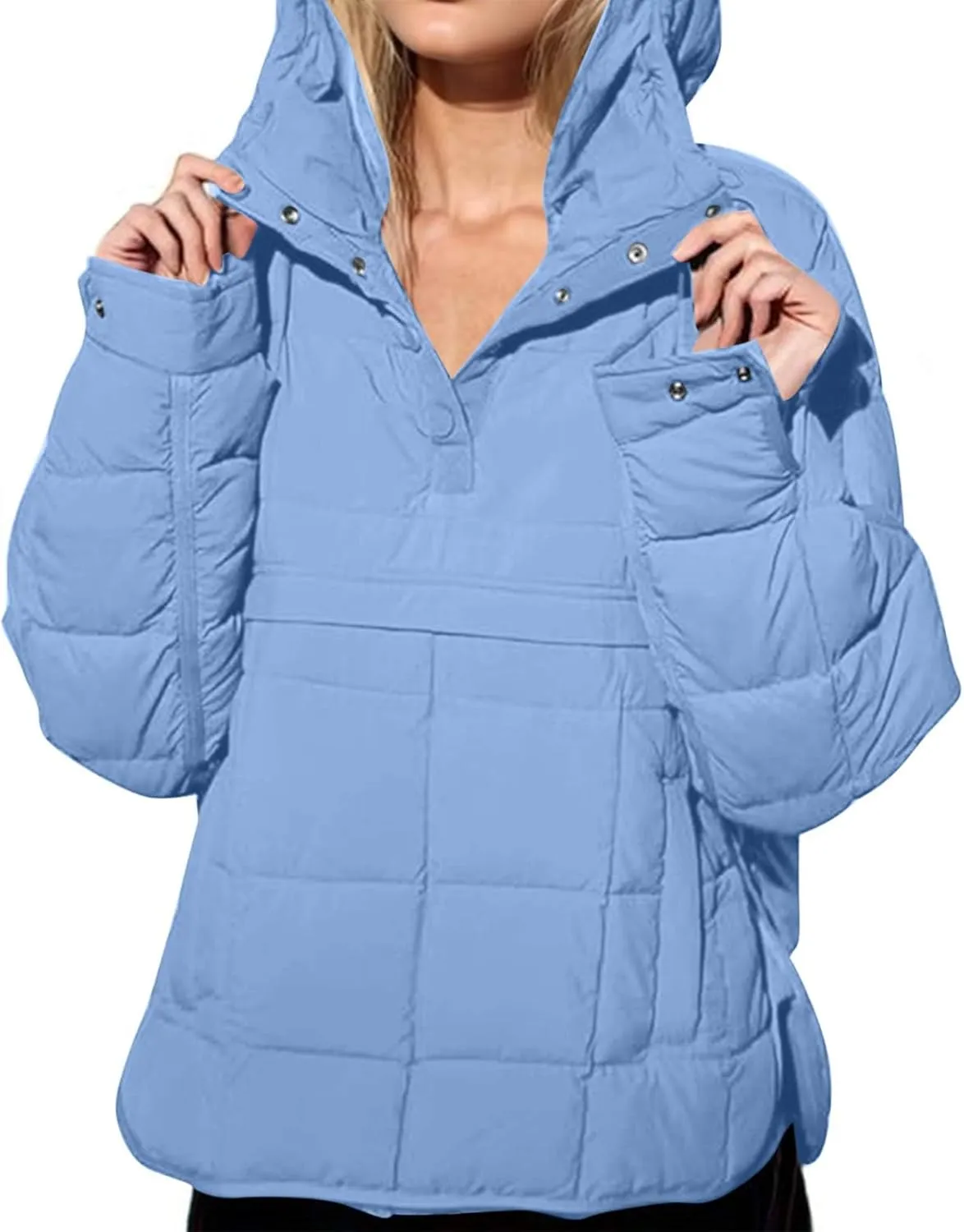 Womens Quilted Puffer Jacket Long Sleeve Winter Hooded Coat Lightweight Casual V Neck High-Low Hem Warm Jackets