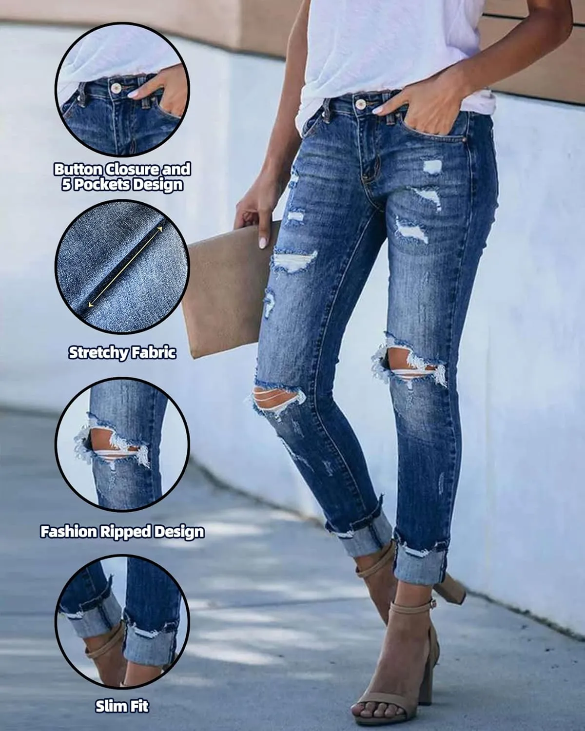 Womens Ripped Jeans Stretch Skinny Jeans for Women Butt Lifting Distressed Jeans High Waisted Denim Pants Light Blue