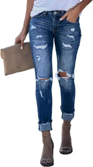Womens Ripped Jeans Stretch Skinny Jeans for Women Butt Lifting Distressed Jeans High Waisted Denim Pants Light Blue