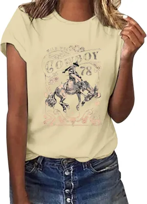 Womens Shirts Summer Cotton Short Sleeve Crew Neck Basic Tee Cute Vintage Print Casual Loose Fit Trendy Pullover Tops