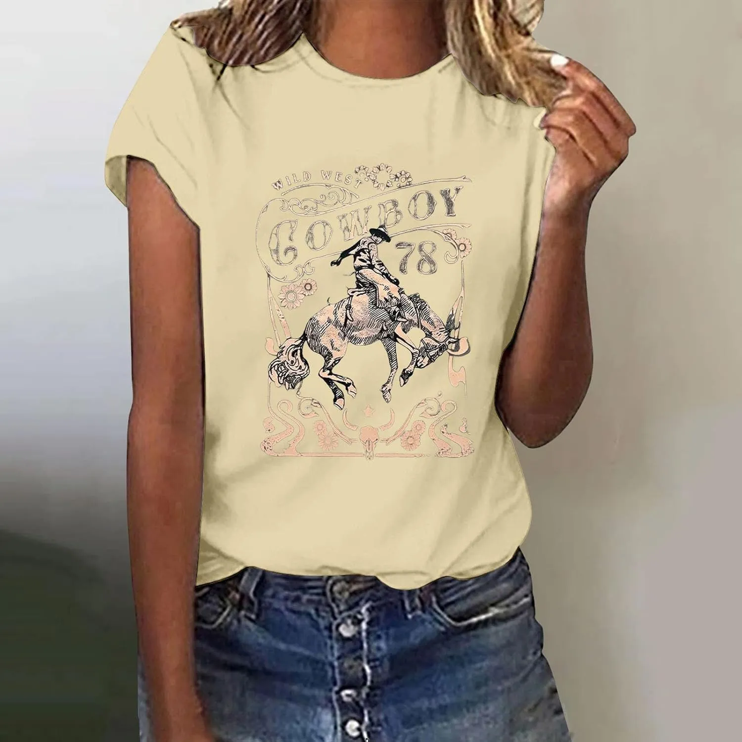 Womens Shirts Summer Cotton Short Sleeve Crew Neck Basic Tee Cute Vintage Print Casual Loose Fit Trendy Pullover Tops