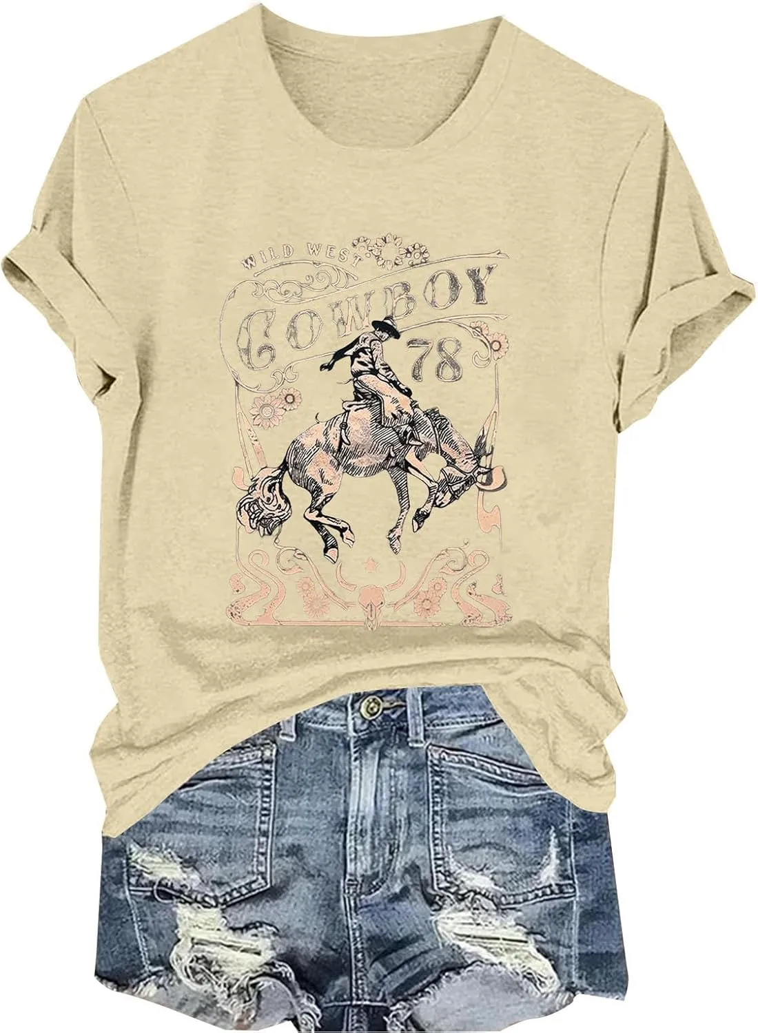 Womens Shirts Summer Cotton Short Sleeve Crew Neck Basic Tee Cute Vintage Print Casual Loose Fit Trendy Pullover Tops