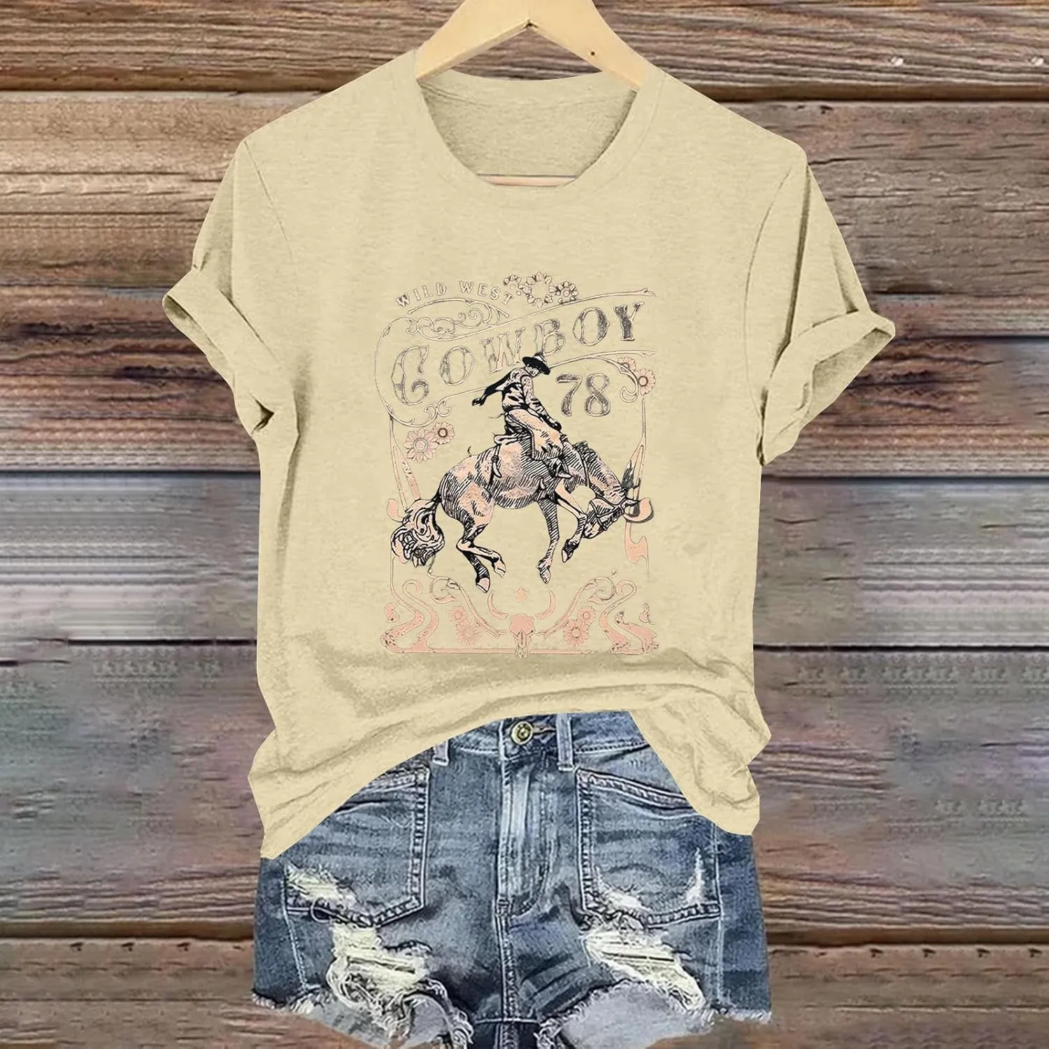 Womens Shirts Summer Cotton Short Sleeve Crew Neck Basic Tee Cute Vintage Print Casual Loose Fit Trendy Pullover Tops