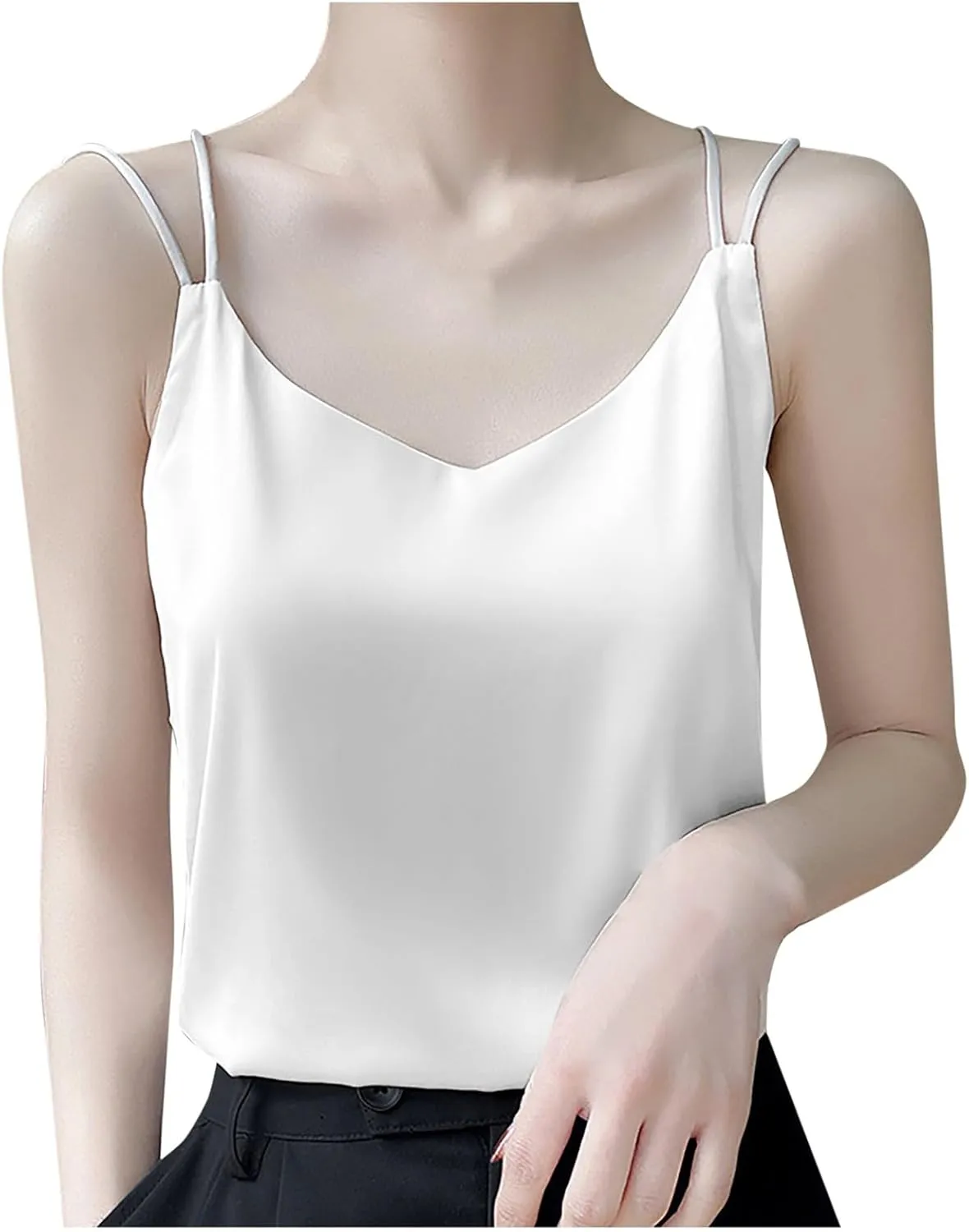 Womens Silk Satin Camisole Tank Tops V Neck Spaghetti Strap Blouses Back Sleeveless Shirt Half Top