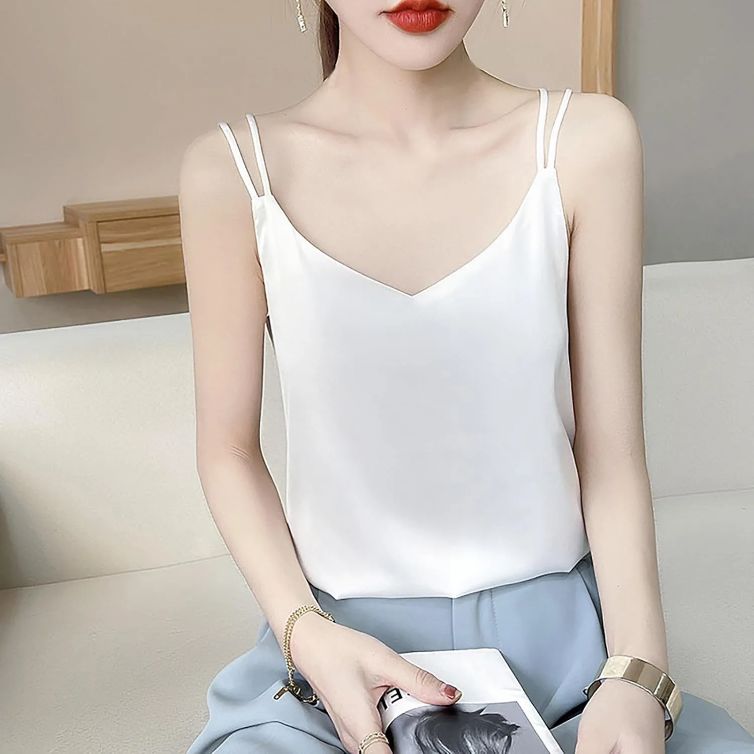 Womens Silk Satin Camisole Tank Tops V Neck Spaghetti Strap Blouses Back Sleeveless Shirt Half Top