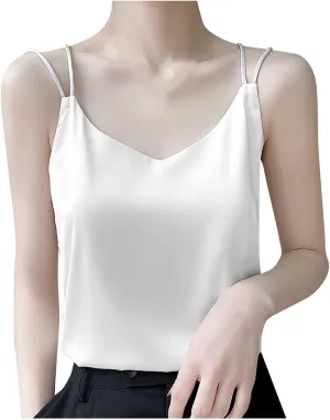 Womens Silk Satin Camisole Tank Tops V Neck Spaghetti Strap Blouses Back Sleeveless Shirt Half Top