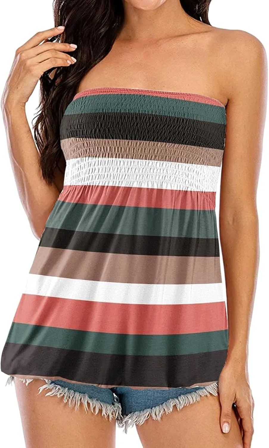 Womens Smocked Strapless Bandeau Tank Tops Floral Tube Tops Backless Bandeau Tunic Tops Sleeveless Shirts