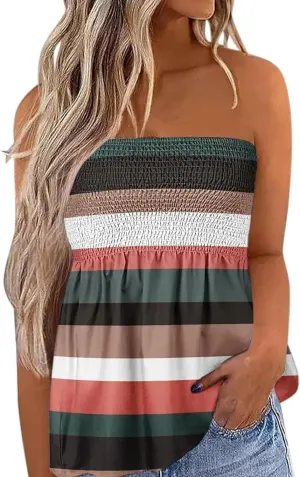 Womens Smocked Strapless Bandeau Tank Tops Floral Tube Tops Backless Bandeau Tunic Tops Sleeveless Shirts