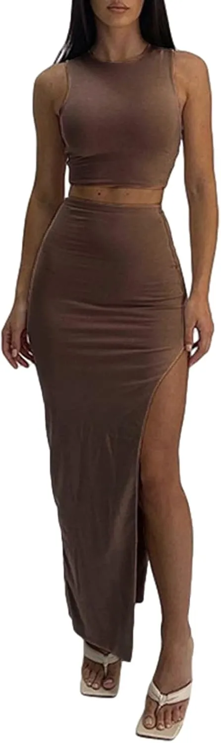 Women's Summer 2 Pieces Skirts Outfits Sleeveless Tank Top and Long Slit Bodycon Skirts Sets Dress Y2K Streetwear