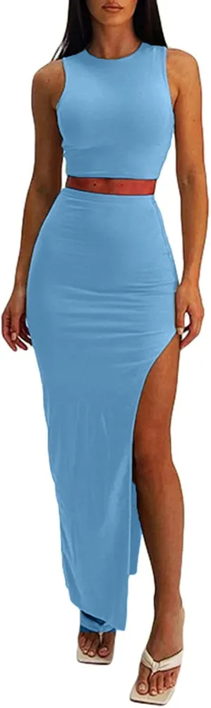 Women's Summer 2 Pieces Skirts Outfits Sleeveless Tank Top and Long Slit Bodycon Skirts Sets Dress Y2K Streetwear