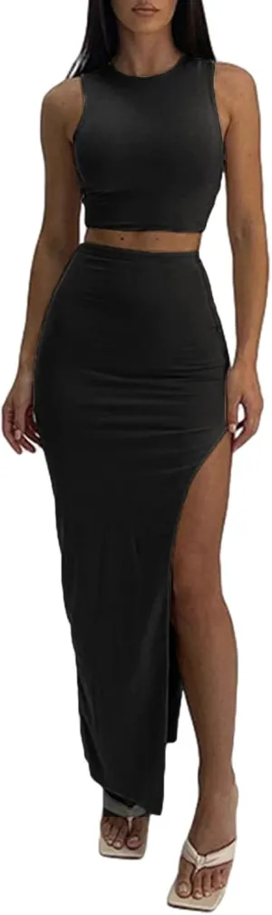 Women's Summer 2 Pieces Skirts Outfits Sleeveless Tank Top and Long Slit Bodycon Skirts Sets Dress Y2K Streetwear