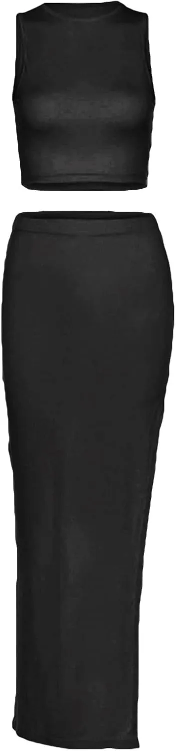 Women's Summer 2 Pieces Skirts Outfits Sleeveless Tank Top and Long Slit Bodycon Skirts Sets Dress Y2K Streetwear
