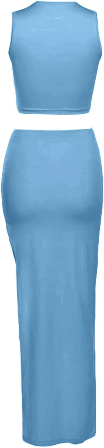 Women's Summer 2 Pieces Skirts Outfits Sleeveless Tank Top and Long Slit Bodycon Skirts Sets Dress Y2K Streetwear