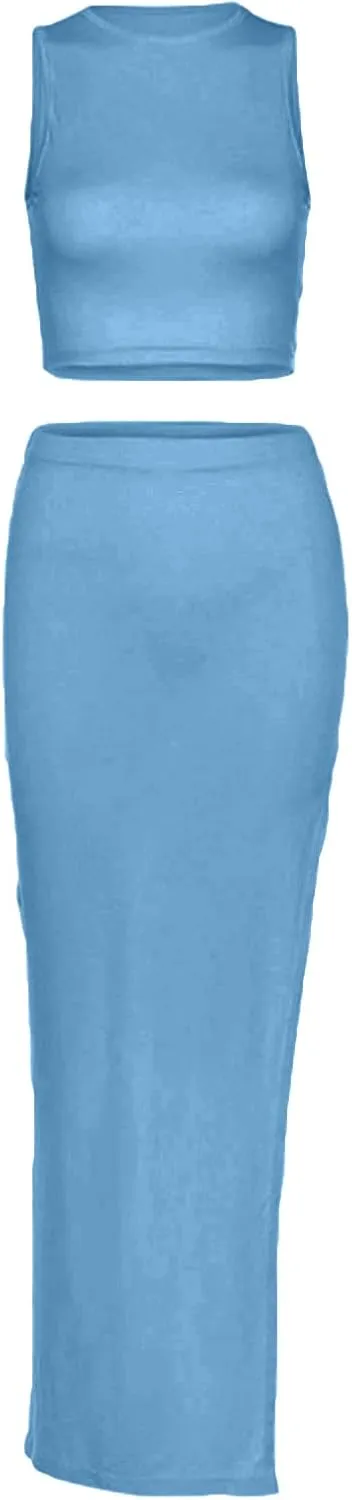 Women's Summer 2 Pieces Skirts Outfits Sleeveless Tank Top and Long Slit Bodycon Skirts Sets Dress Y2K Streetwear