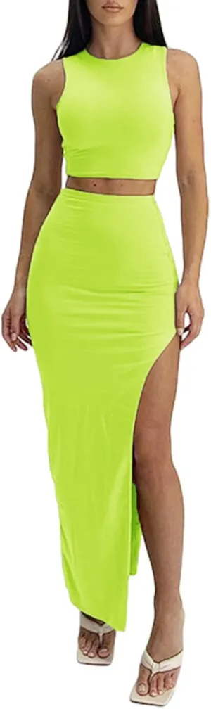 Women's Summer 2 Pieces Skirts Outfits Sleeveless Tank Top and Long Slit Bodycon Skirts Sets Dress Y2K Streetwear