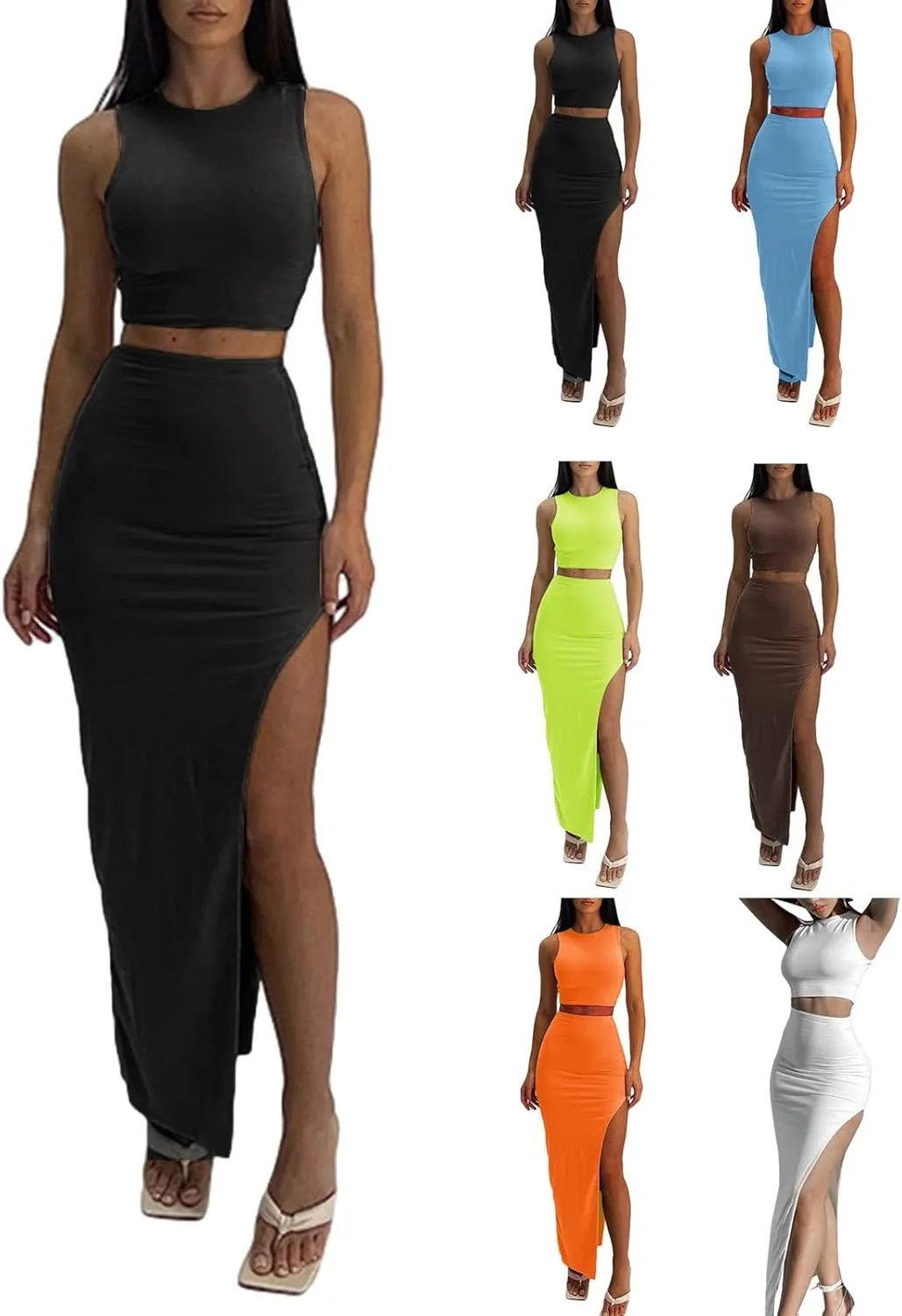 Women's Summer 2 Pieces Skirts Outfits Sleeveless Tank Top and Long Slit Bodycon Skirts Sets Dress Y2K Streetwear