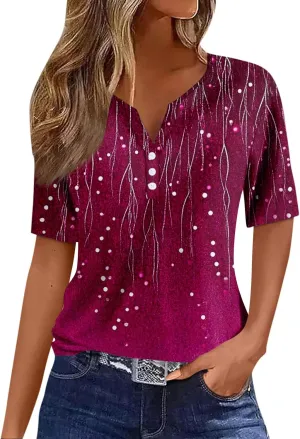 Women's T-Shirts Button Down Tunic Tops Short Sleeve Casual Blouses Henley V Neck Loose Fit Summer Clothes