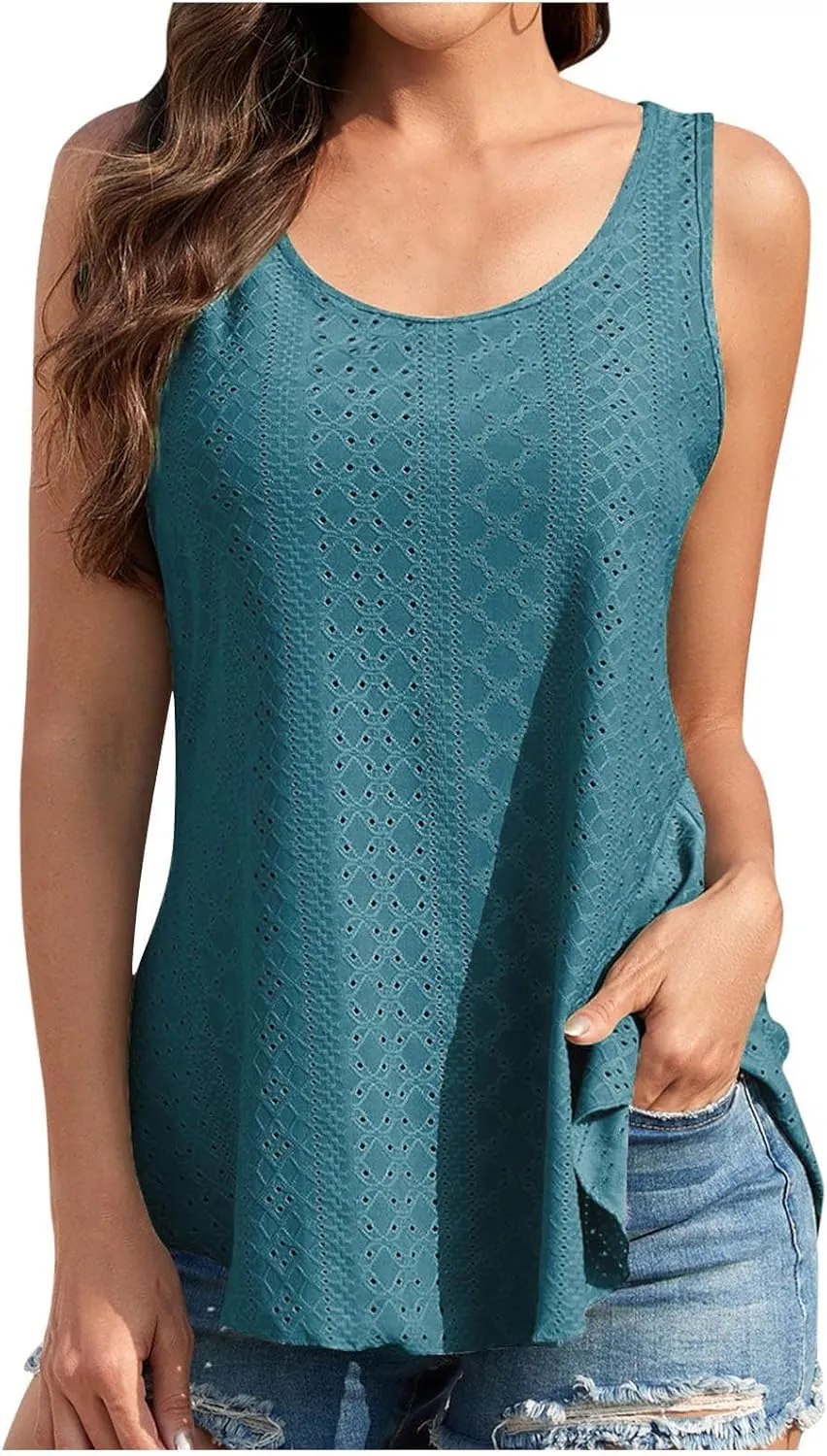 Womens Tank Tops Sleeveless Eyelet Embroidery Scoop Neck Casual Sleeveless Tops Tank Top Camisoles for Women 2024