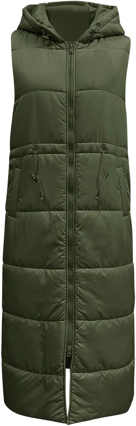 Women's Vest Coat Casual Sleeveless Oversized Long Jackets Solid Color Zip Up Down Jacket Quilted Outdoor Fleece Coat