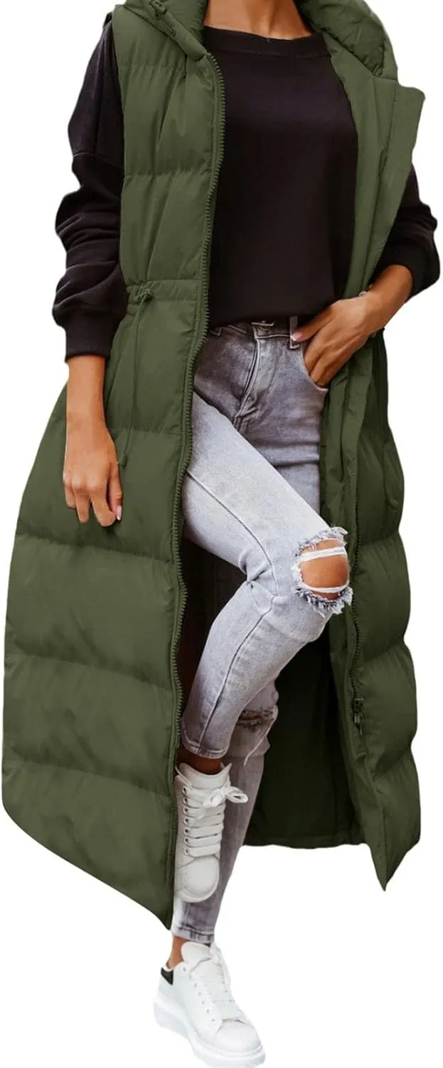 Women's Vest Coat Casual Sleeveless Oversized Long Jackets Solid Color Zip Up Down Jacket Quilted Outdoor Fleece Coat