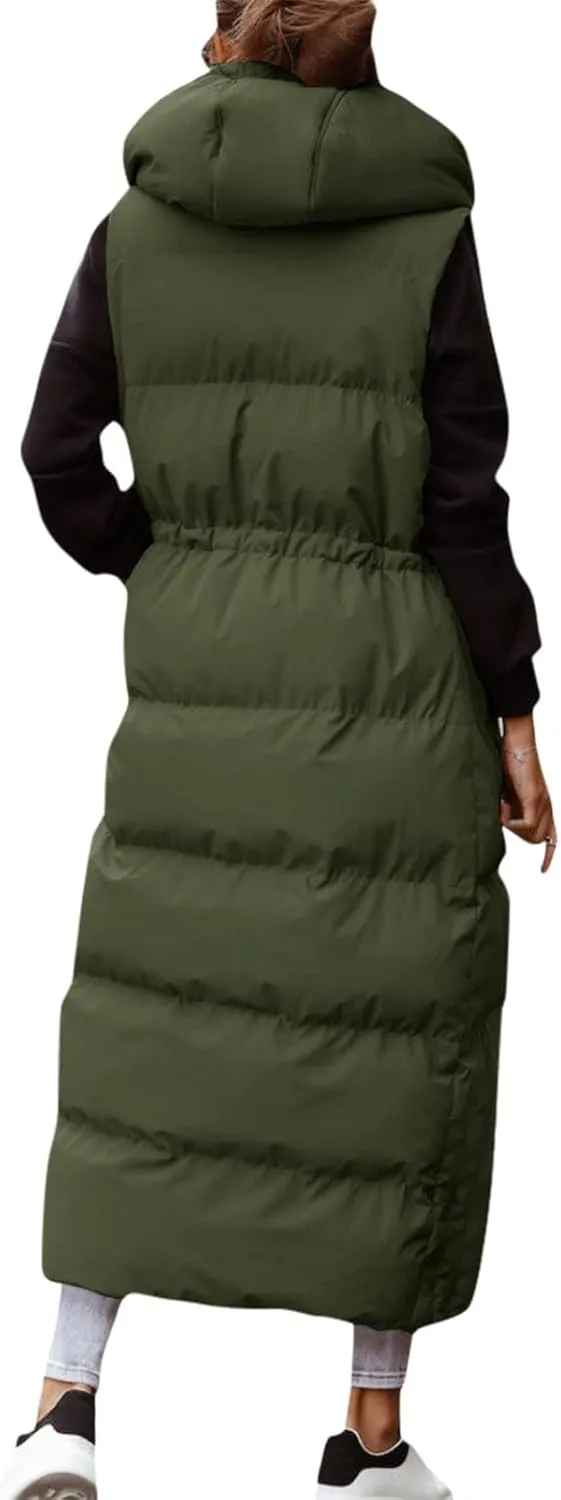 Women's Vest Coat Casual Sleeveless Oversized Long Jackets Solid Color Zip Up Down Jacket Quilted Outdoor Fleece Coat