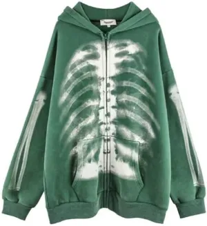 Womens Vintage Skeleton Hoodies Long Sleeve Zip Up Skeleton Print Oversized Sweatshirts Halloween Streetwear Tops