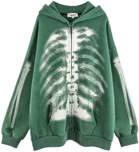 Womens Vintage Skeleton Hoodies Long Sleeve Zip Up Skeleton Print Oversized Sweatshirts Halloween Streetwear Tops