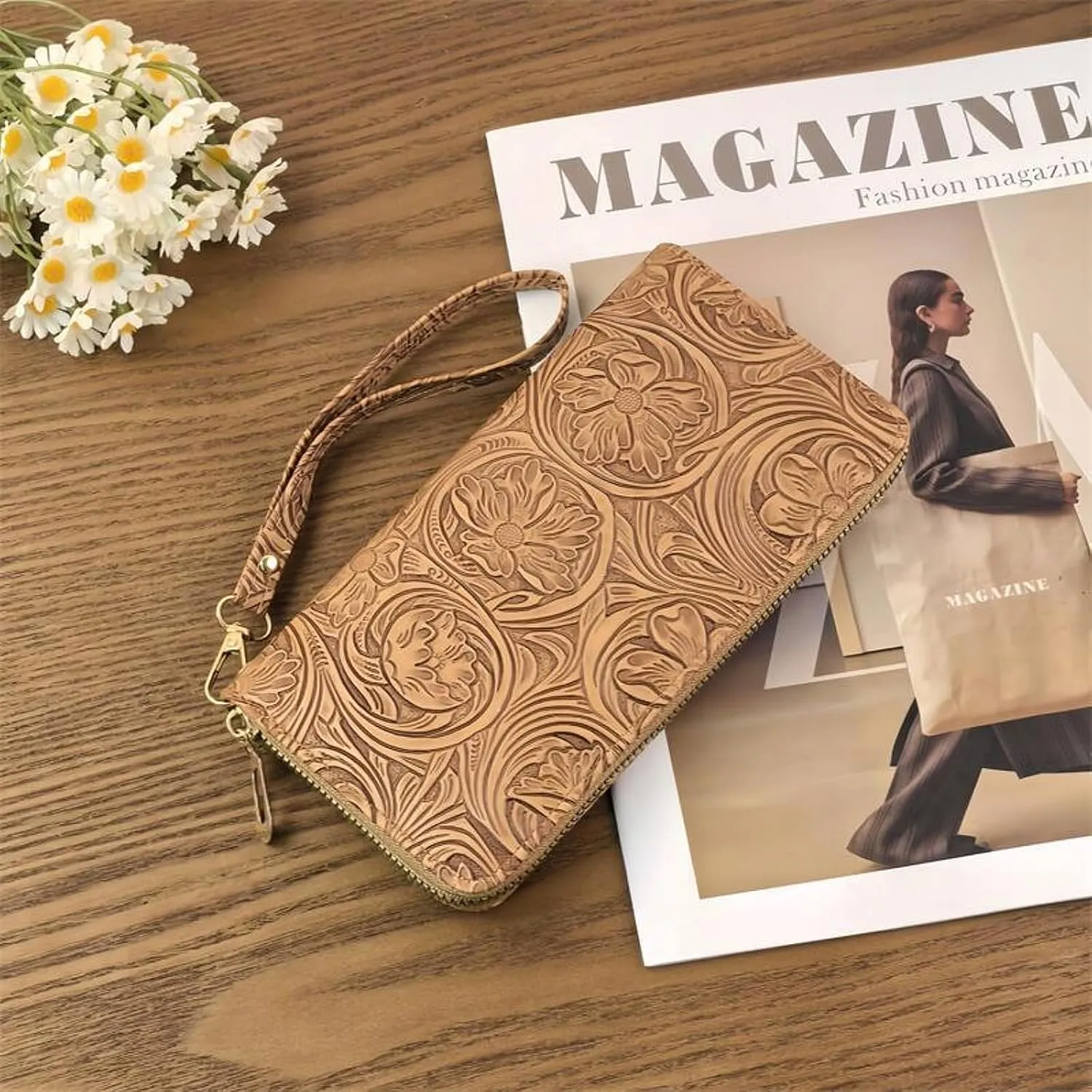 Womens Wallet Wristlet RFID Blocking Floral Vegan Leather Purse Long Zip Around Clutch Large Capacity Card Holder
