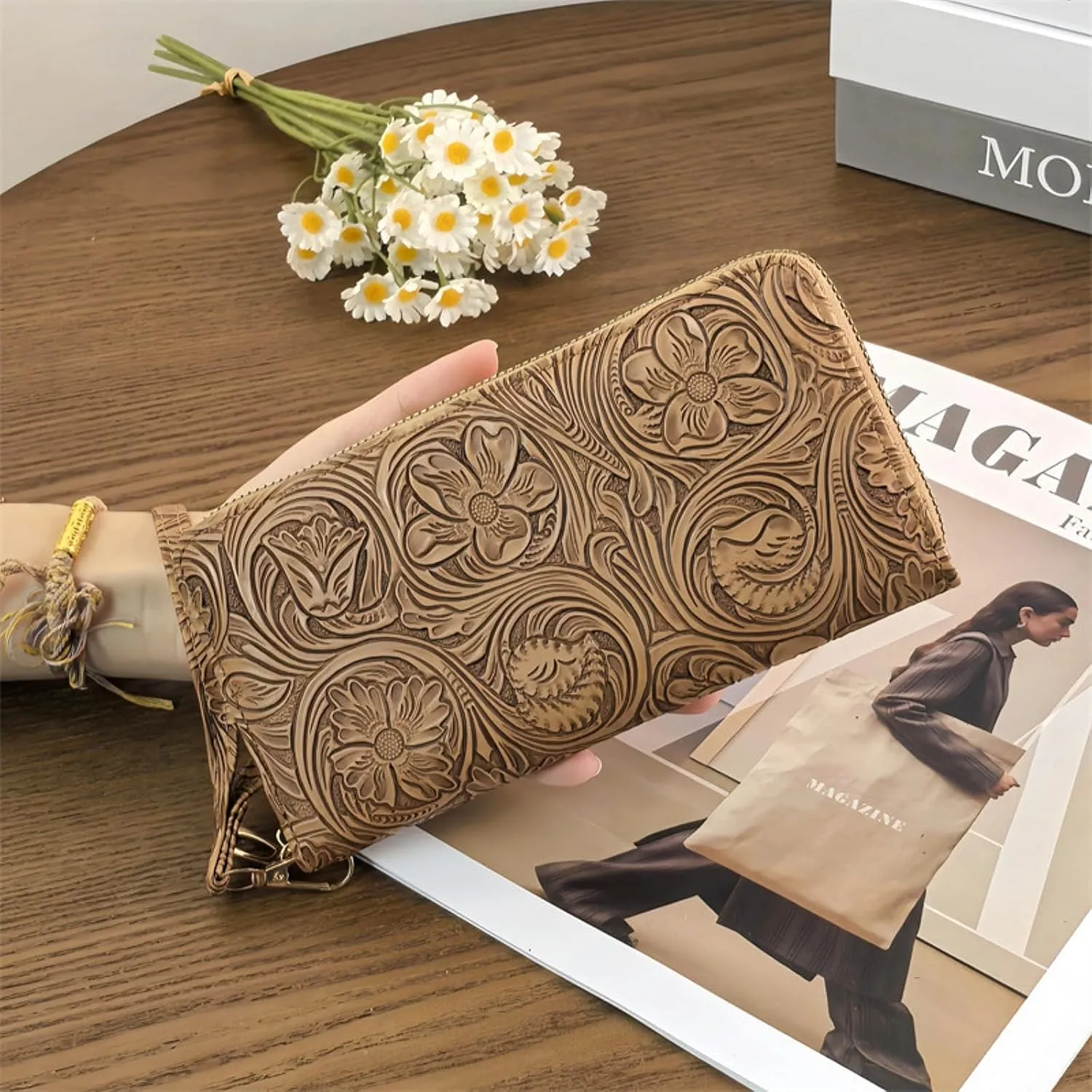 Womens Wallet Wristlet RFID Blocking Floral Vegan Leather Purse Long Zip Around Clutch Large Capacity Card Holder