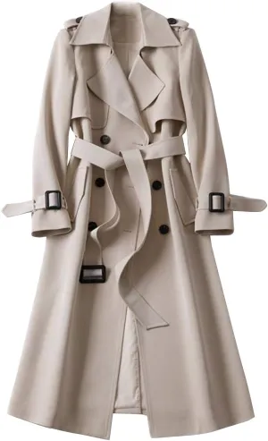 Womens Windbreaker Coat Solid Slim Fit Lapel Long Overcoat With Belt Elagant Oversized Dress Parka Jacekt for Women